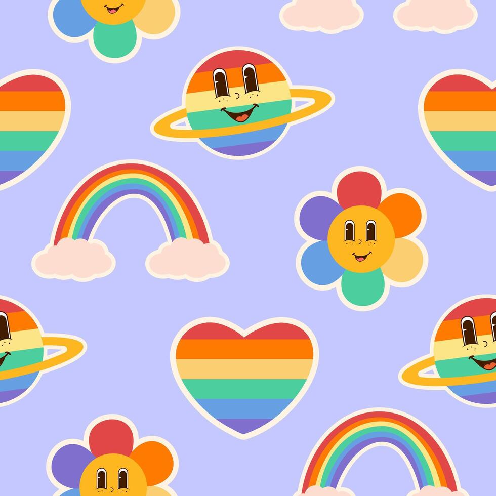 Lgbtq community seamless pattern. Groovy style print with rainbow, heart, flower and planet vector