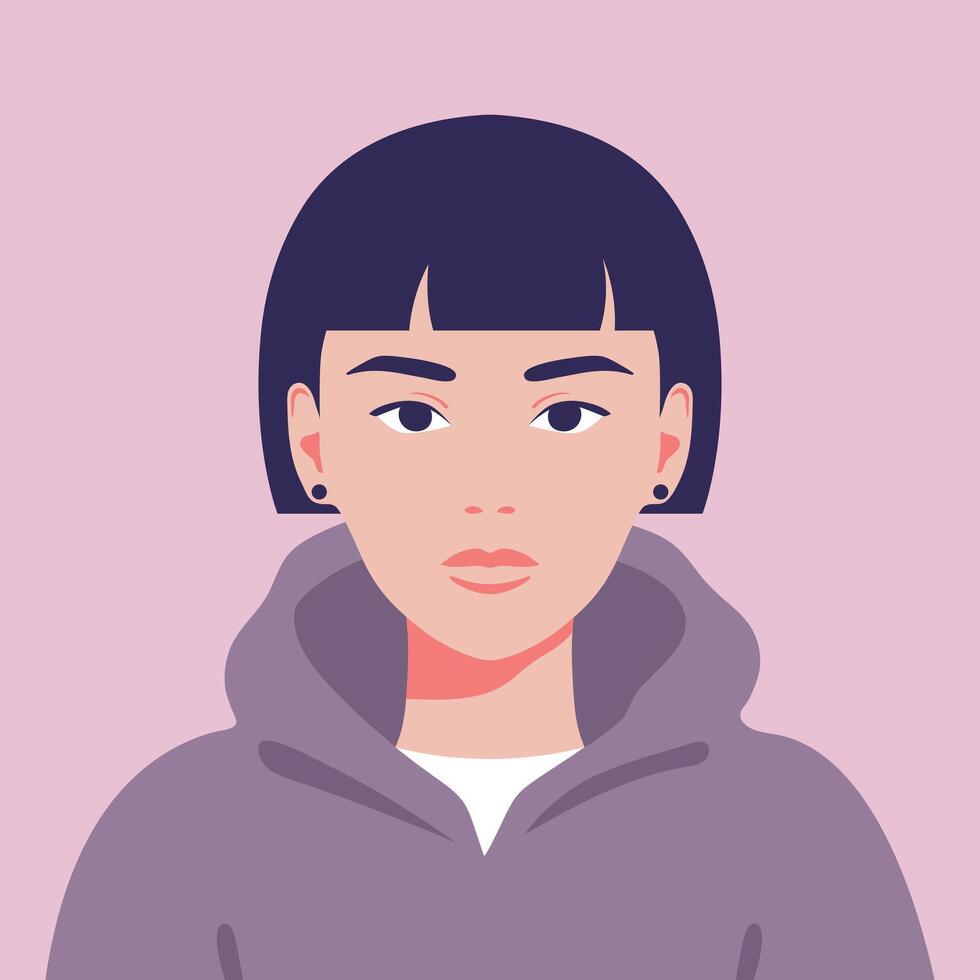 Young woman wearing hoodie. Portrait or avatar of a young female with short dark hair in hoodie. Teenager or student. illustration vector