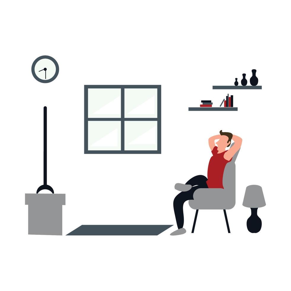 a man casually watching television at home - flat cartoon style vector