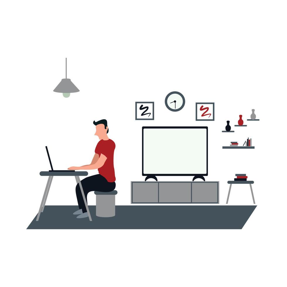 a man work for home using laptop - a man casually watching television at home - flat cartoon style vector