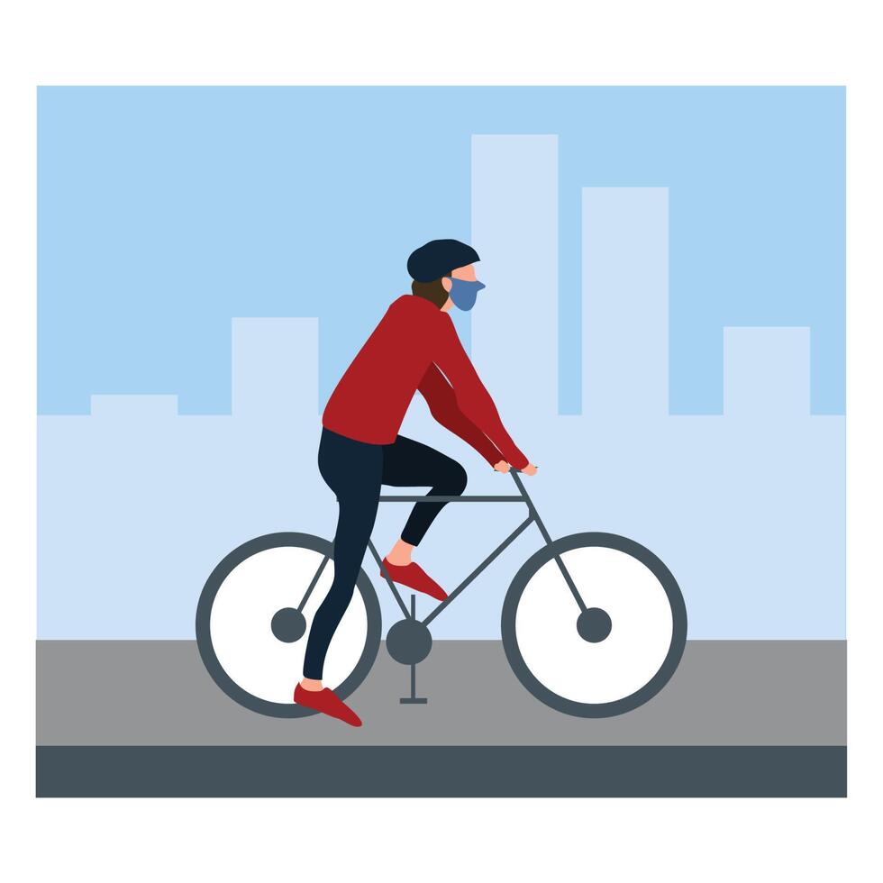 hombre montando el bicicleta y vistiendo enmascarador a calle - plano dibujos animados estilo vector