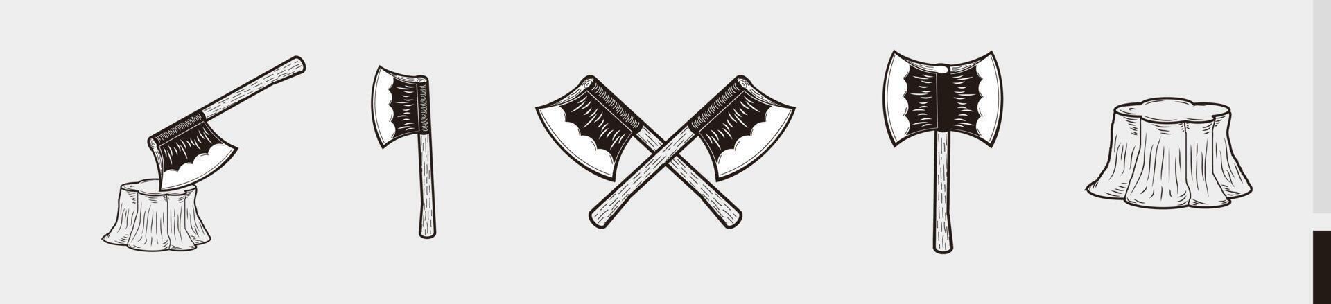 Axe hand drawn silhouette set - Axe hand drawn icon, logo on white - flat cartoon style vector