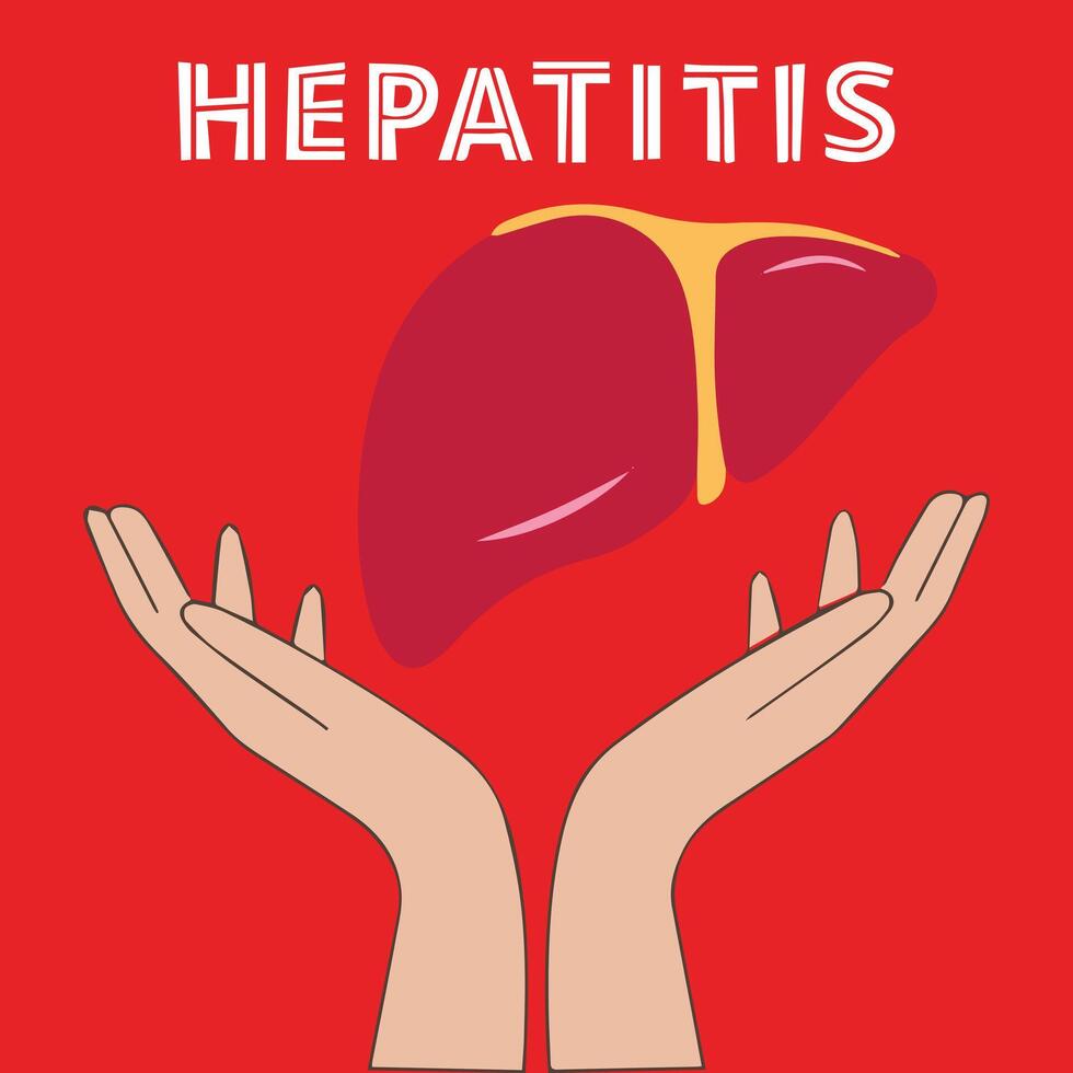 hepatitis texto con hígado en el mano en rojo antecedentes. vector