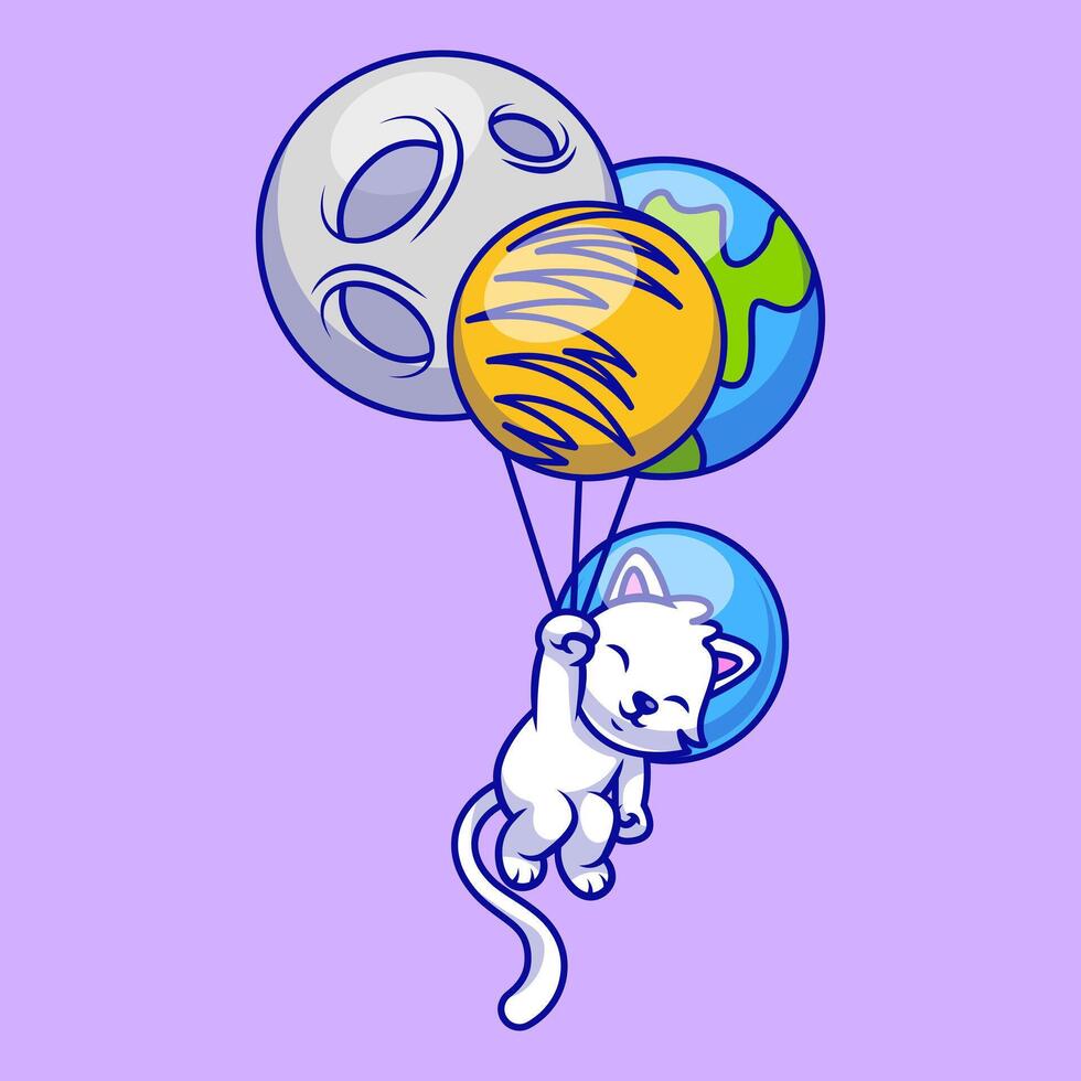 Cute Cat Floating With Planet Balloon Cartoon Icons Illustration. Flat Cartoon Concept. Suitable for any creative project. vector