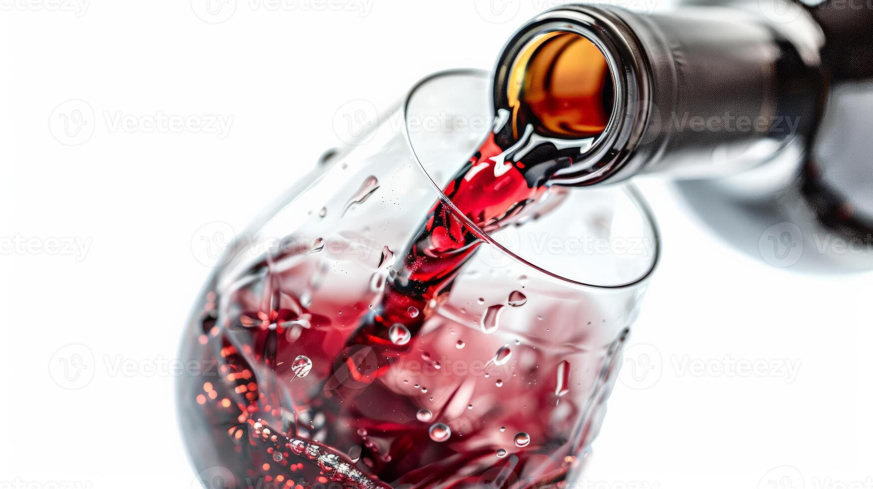 Pouring red wine into a crystal glass, close up, isolated on white photo