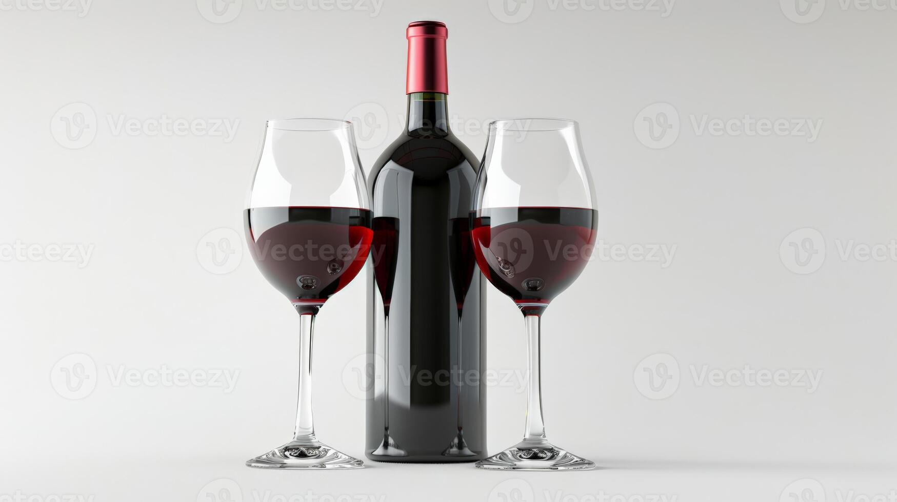 Elegant red wine bottle with two glasses, isolated on white background photo