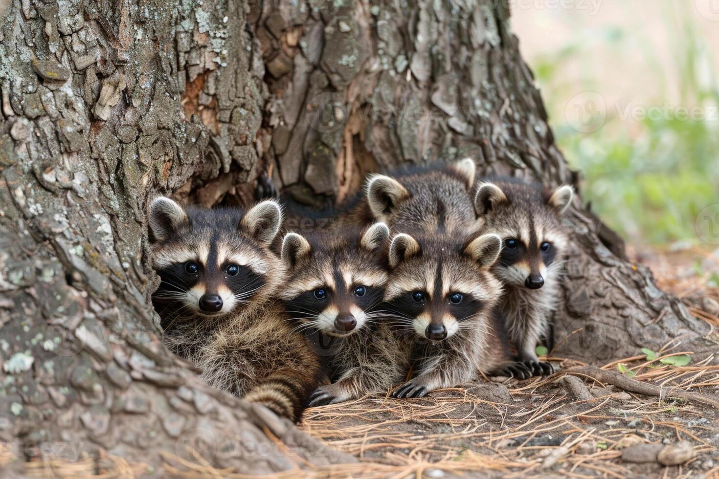 Family of raccoons huddled in the shade of a tree, looking exhausted from the heat photo