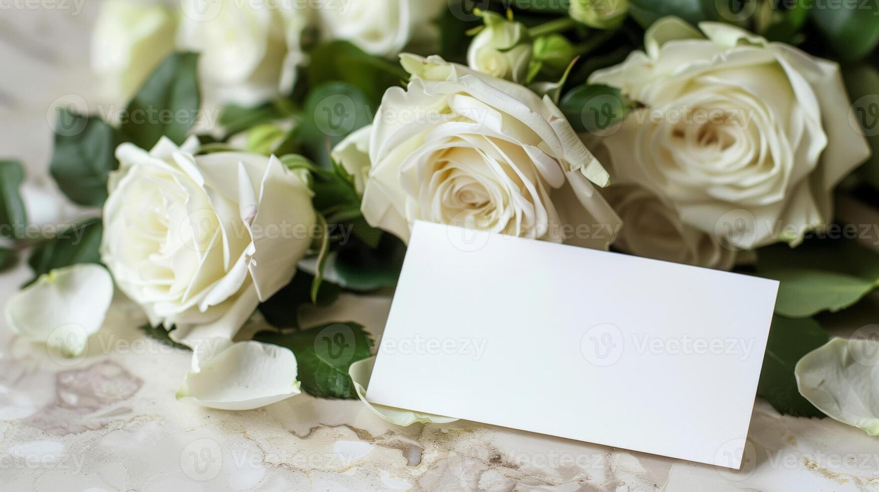 mockup of a white card beside white rose bouquet, soft pastel tones photo