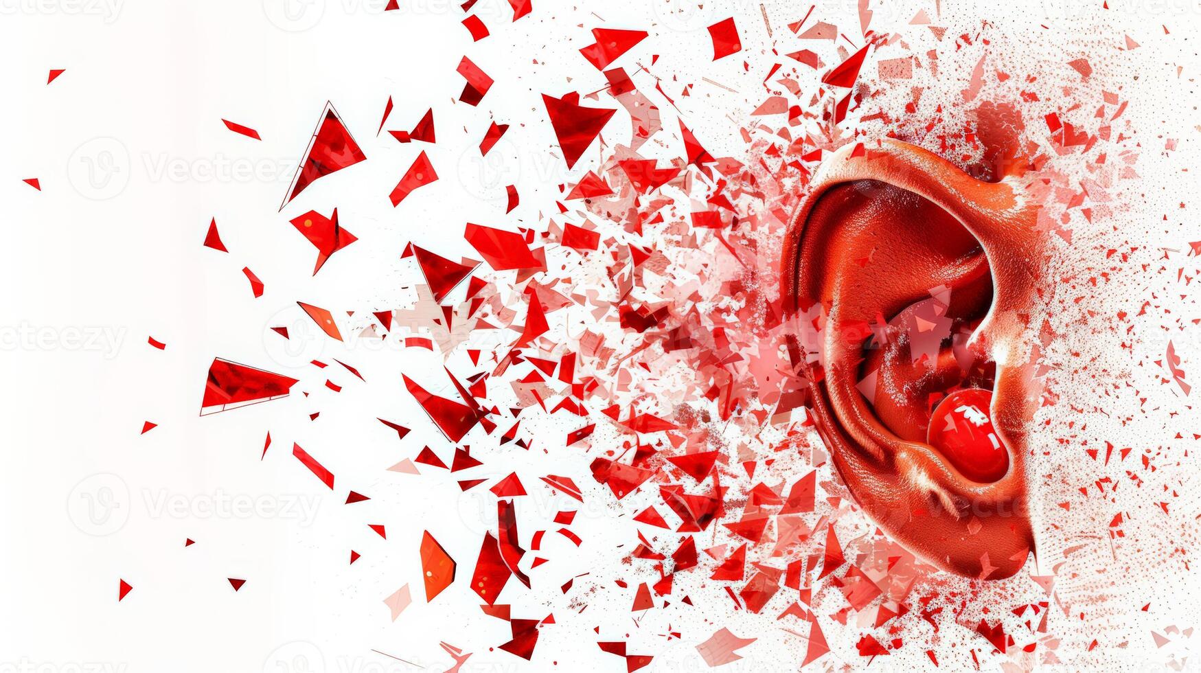 Noise pollution concept with a shattered eardrum illustration, vibrant red against white background photo