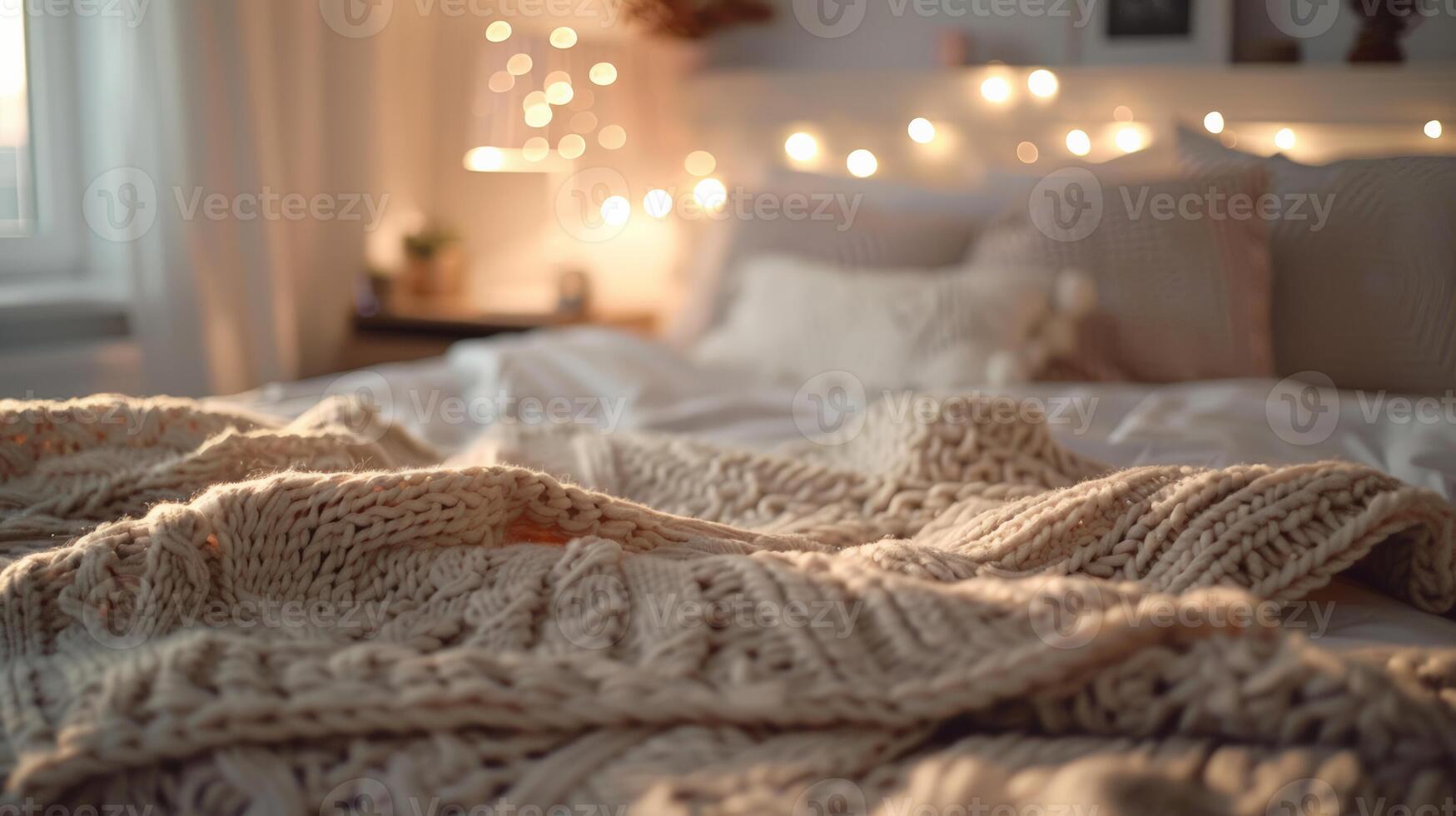 Cozy bedroom interior with a knitted blanket on a bed and warm fairy lights, evoking a sense of hygge and relaxation, suitable for winter or Christmas themes photo