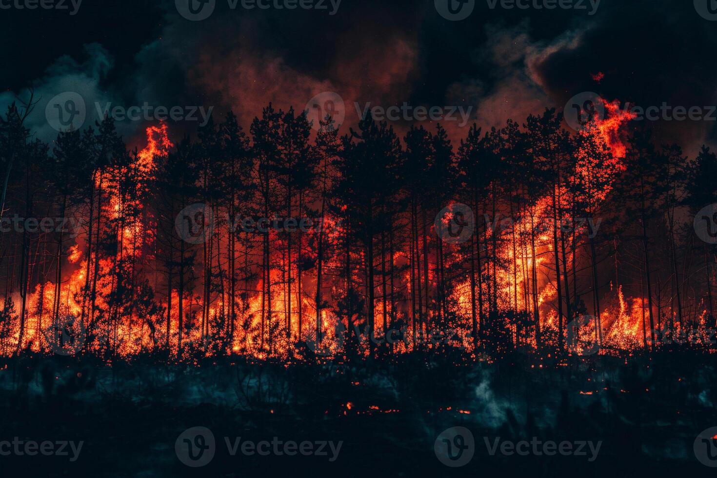Wildfire raging through a dense forest, towering flames and thick smoke under a dark sky photo