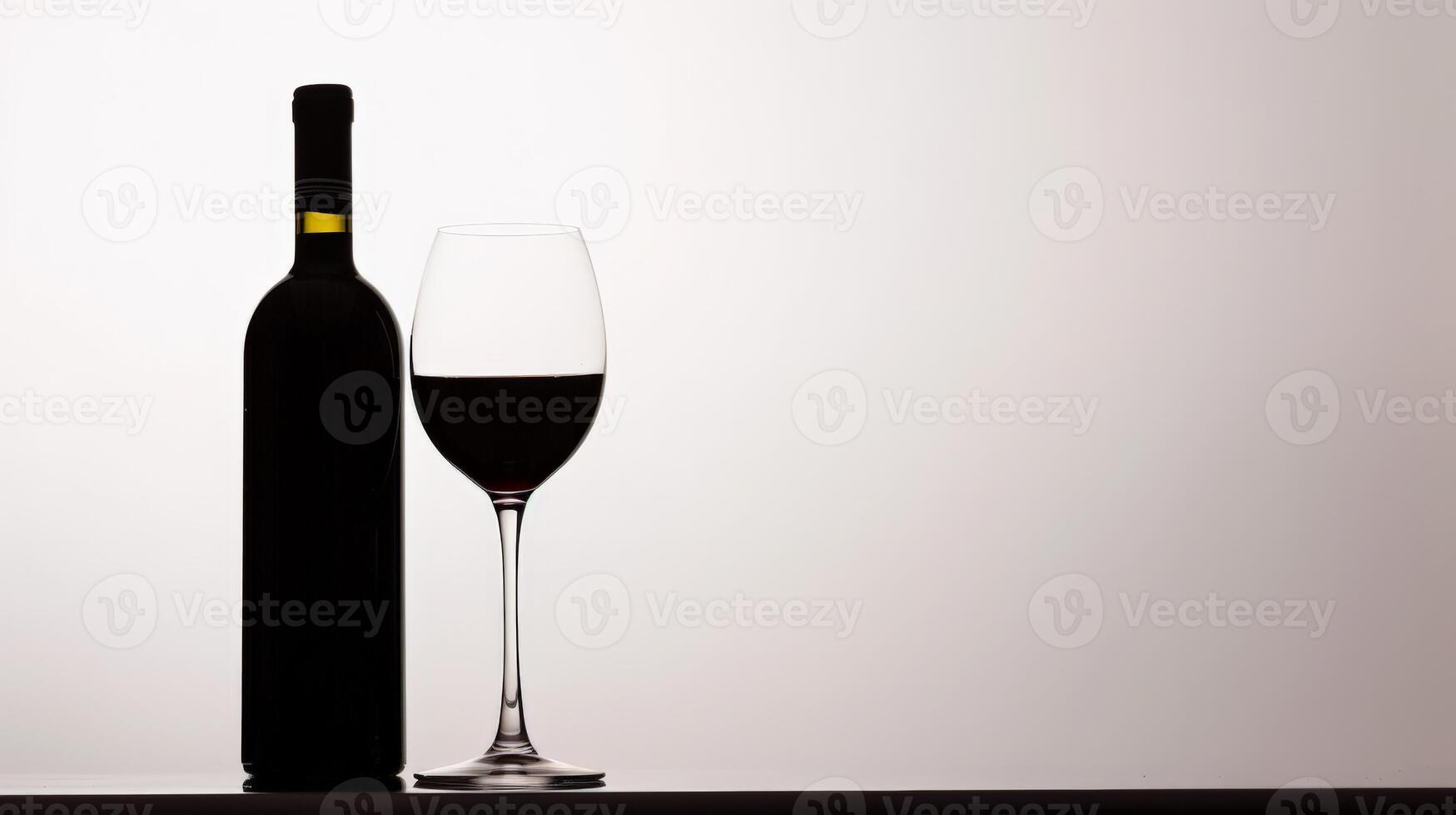 Silhouette of a wine bottle and glass against a bright light, isolated on white photo