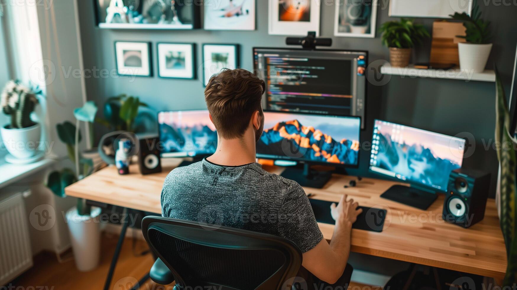 Young adult male working on dual monitors in a modern home office setup, reflecting remote work trends and technology lifestyle concepts photo