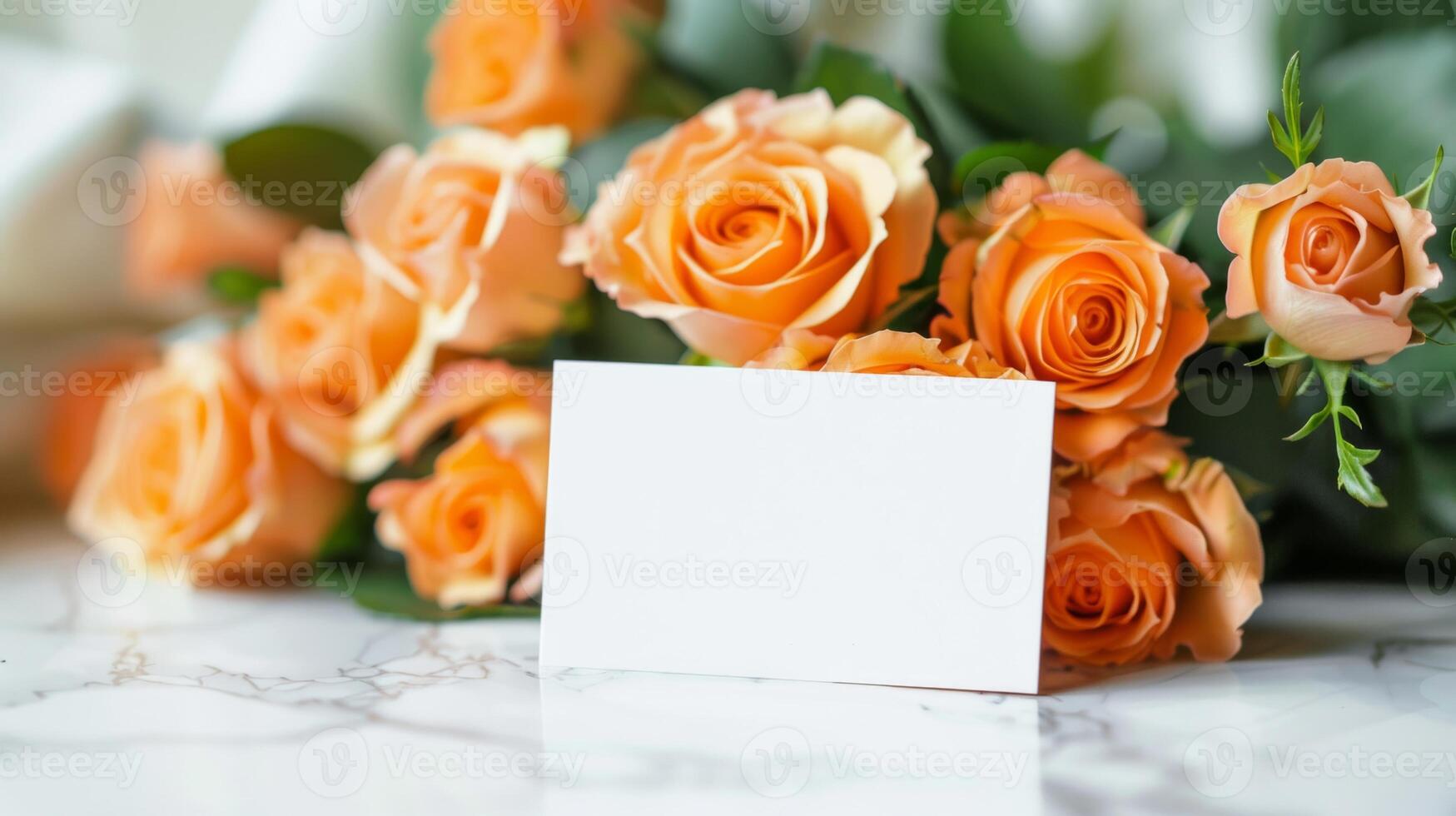mockup of a white card beside orange rose bouquet, soft pastel tones photo