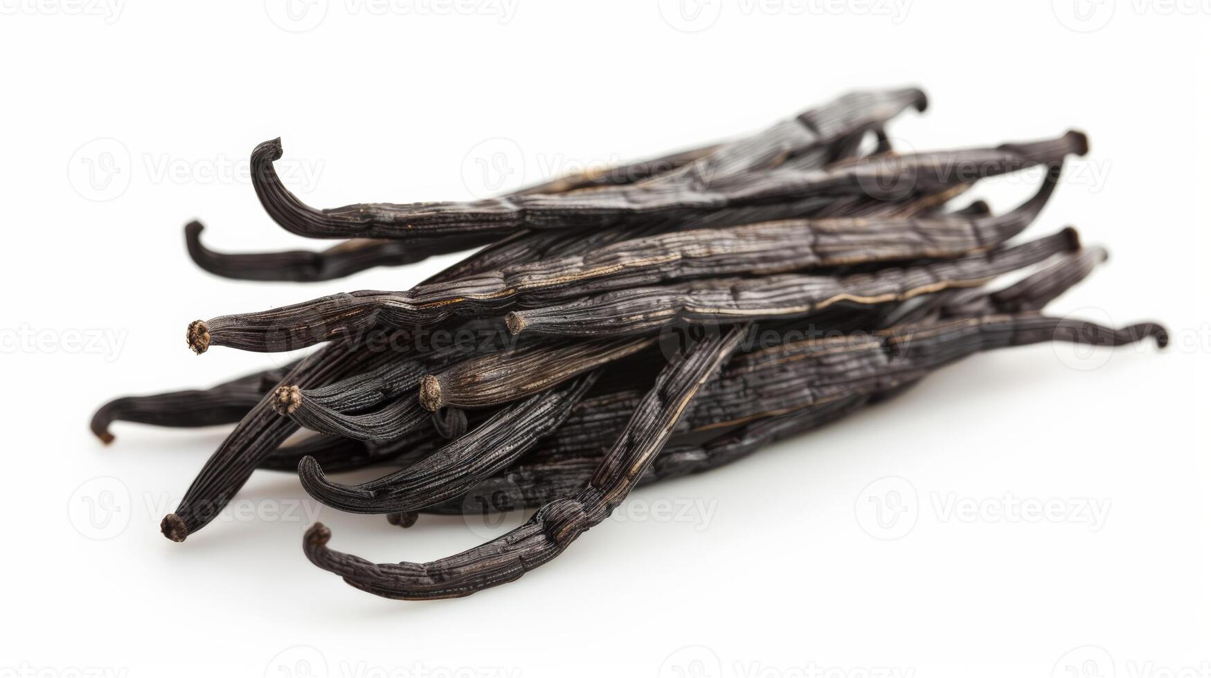 A pile of vanilla pods stacked over each other, isolated on white background photo