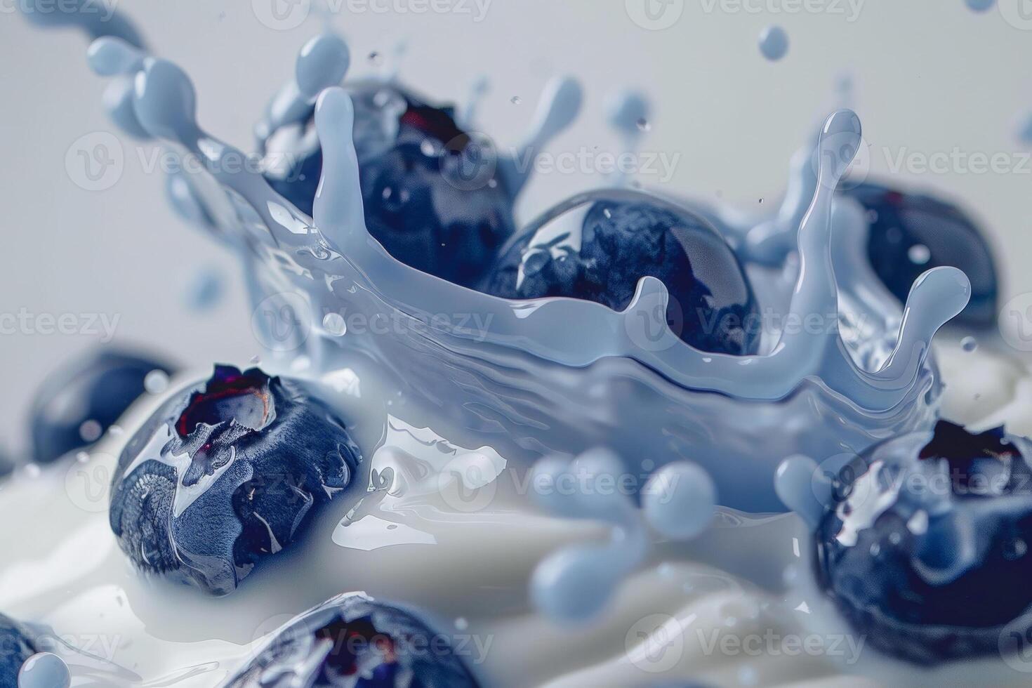 Blueberry splash in milk, close up with blue droplets, minimalist dynamic shot photo