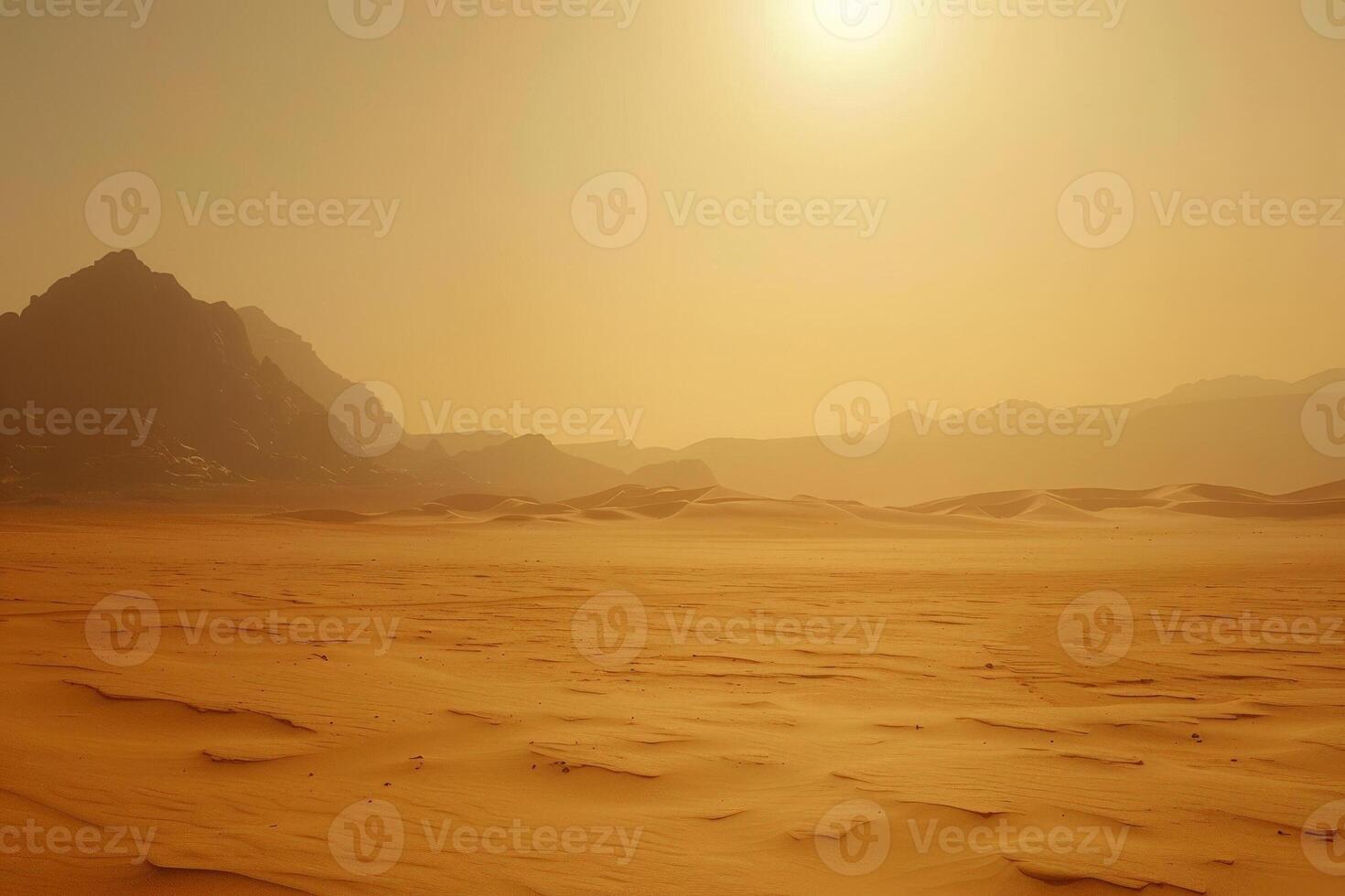 Sun baked desert with a mirage shimmering in the distance, an overwhelming sense of heat photo