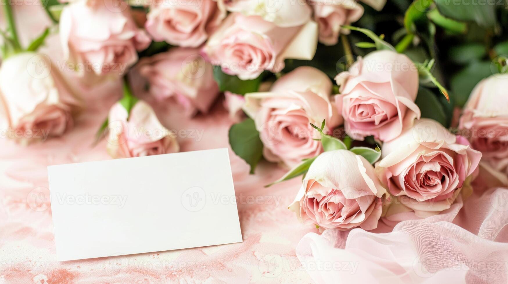 mockup of a white card beside pink rose bouquet, soft pastel tones photo