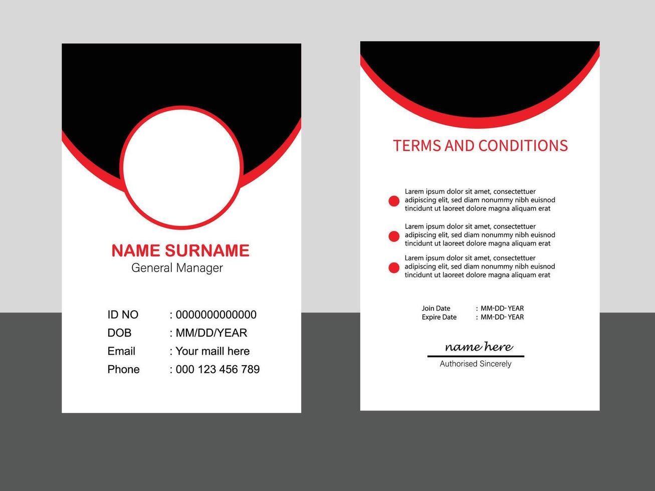 Modern and clean business id card template. corporate modern business id card design template with Red color. professional id card design template. Company employee id card template. vector