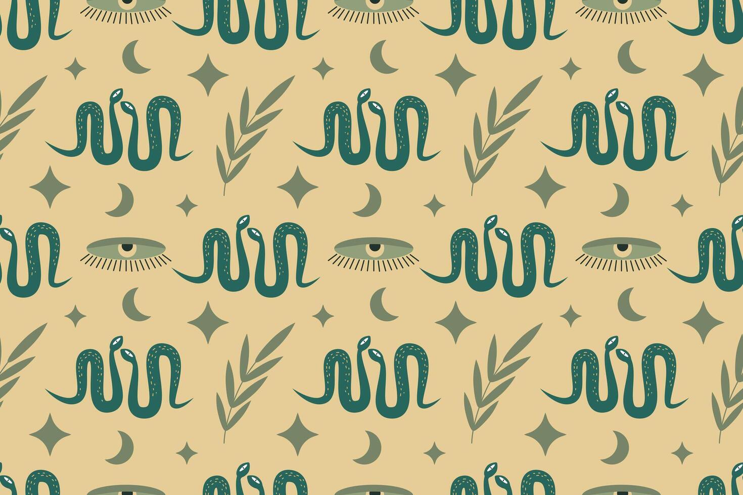 Snake seamless pattern with plants, stars and esoteric symbol. For packaging, textiles, case, cover, paper, wallpaper vector