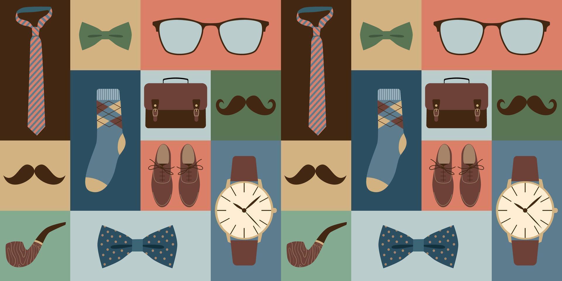 Men's clothing and accessories set. Gentleman's set with smoking pipe, bow tie, boots, watch. Seamless geometric pattern. vector