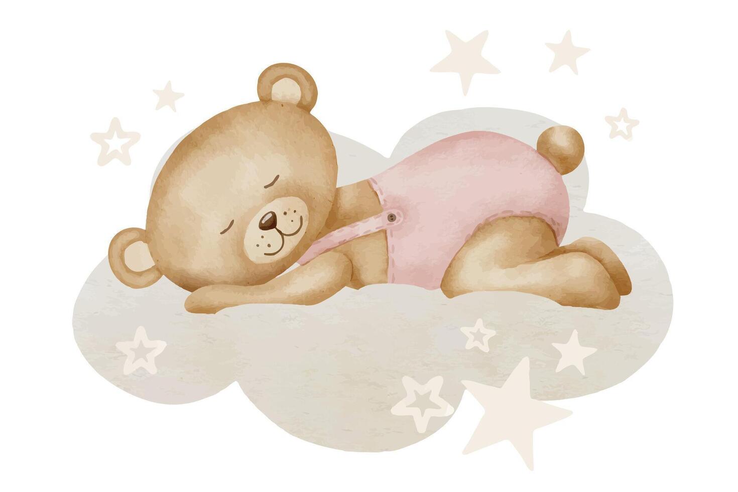 linda pequeño osito de peluche oso dormido en un nube. acuarela ilustración de animal juguete para bebé ducha saludo tarjetas o invitaciones infantil dibujo para guardería diseño o niños postales en pastel colores vector