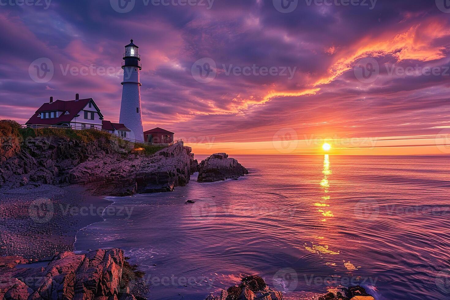 Large retro lighthouse with beam of bright light shining out to blue sea photo