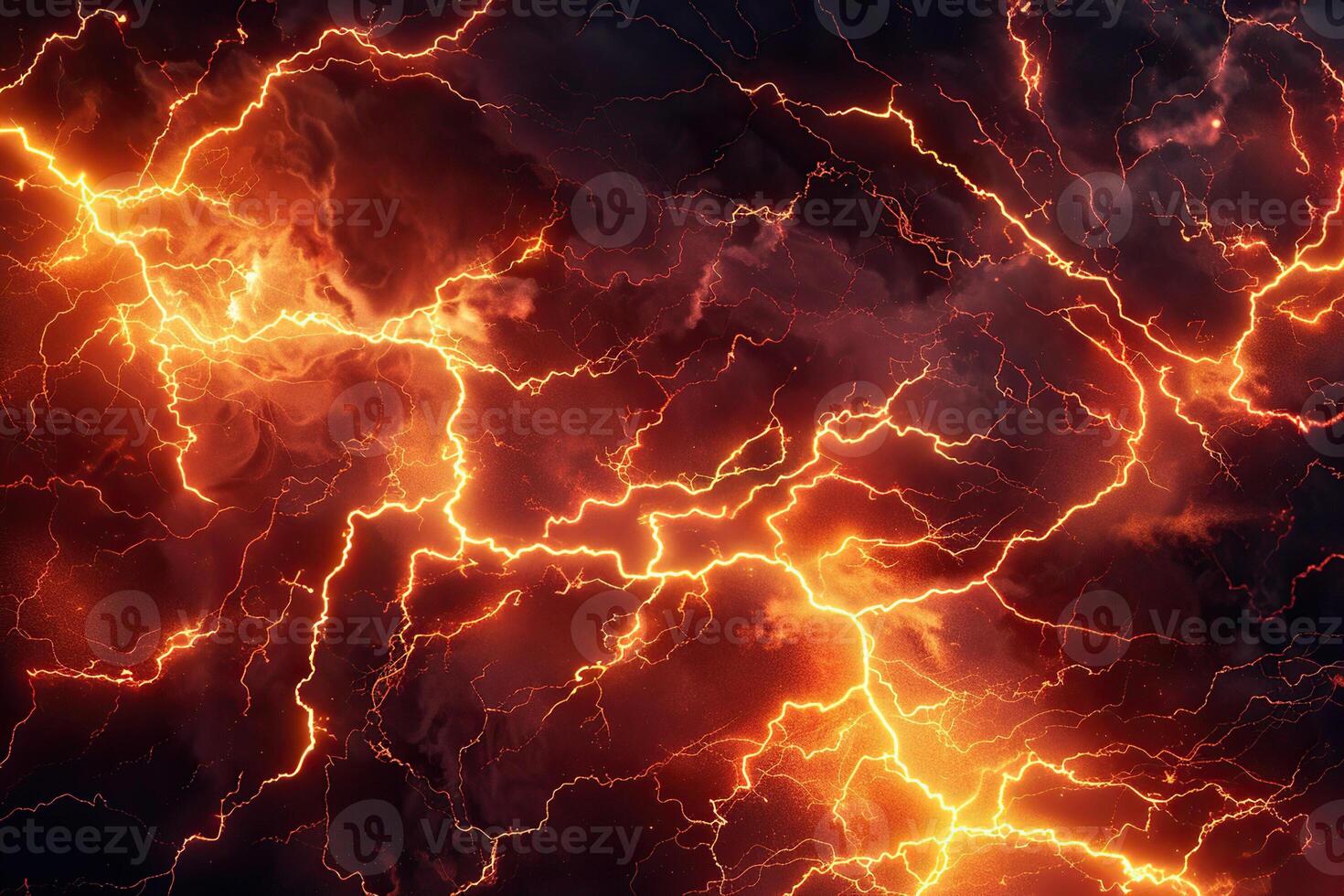 Scary bright electric lightning bolt with branches in the night dark sky photo