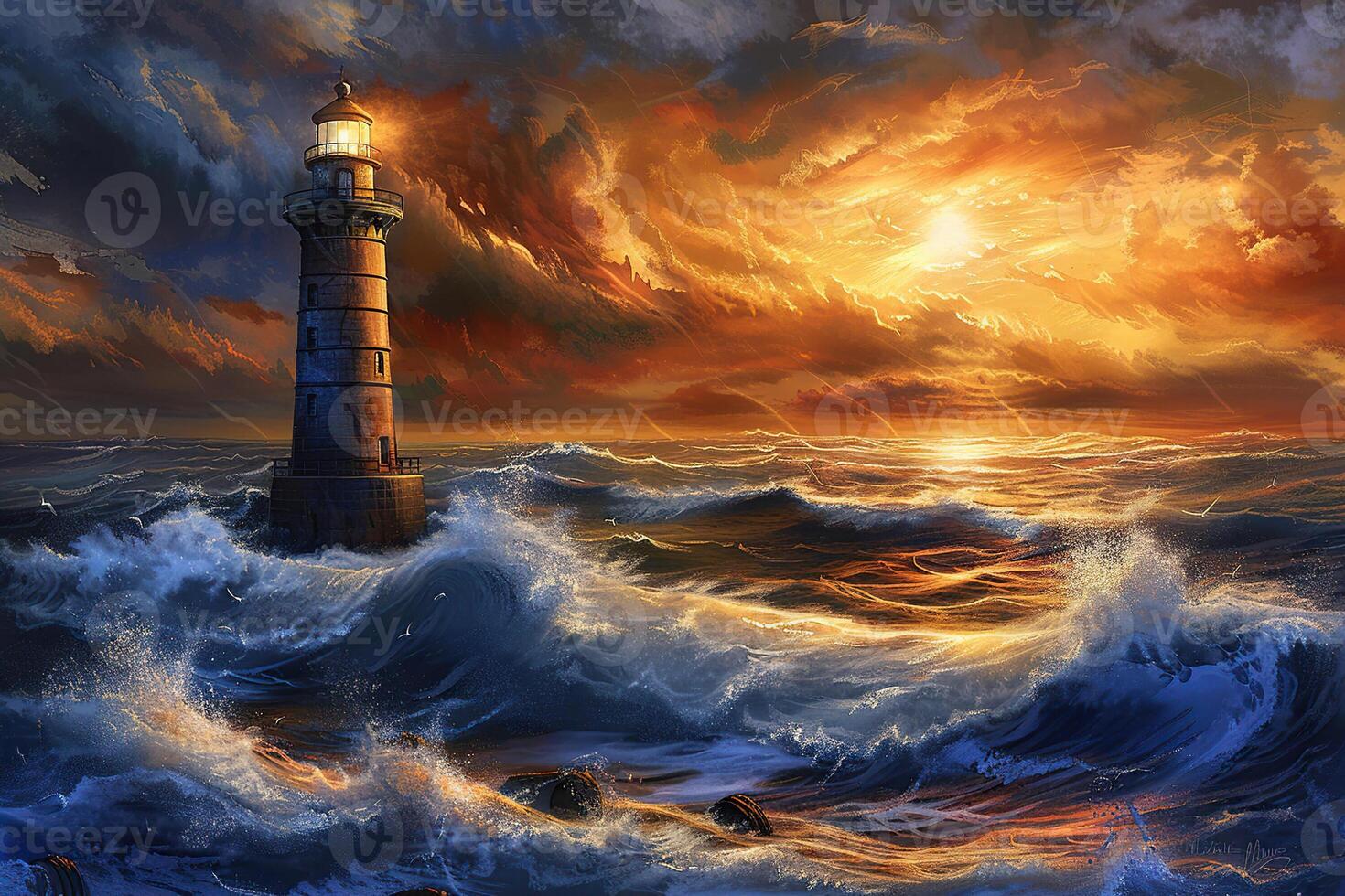 Large retro lighthouse with beam of bright light shining out to blue sea photo
