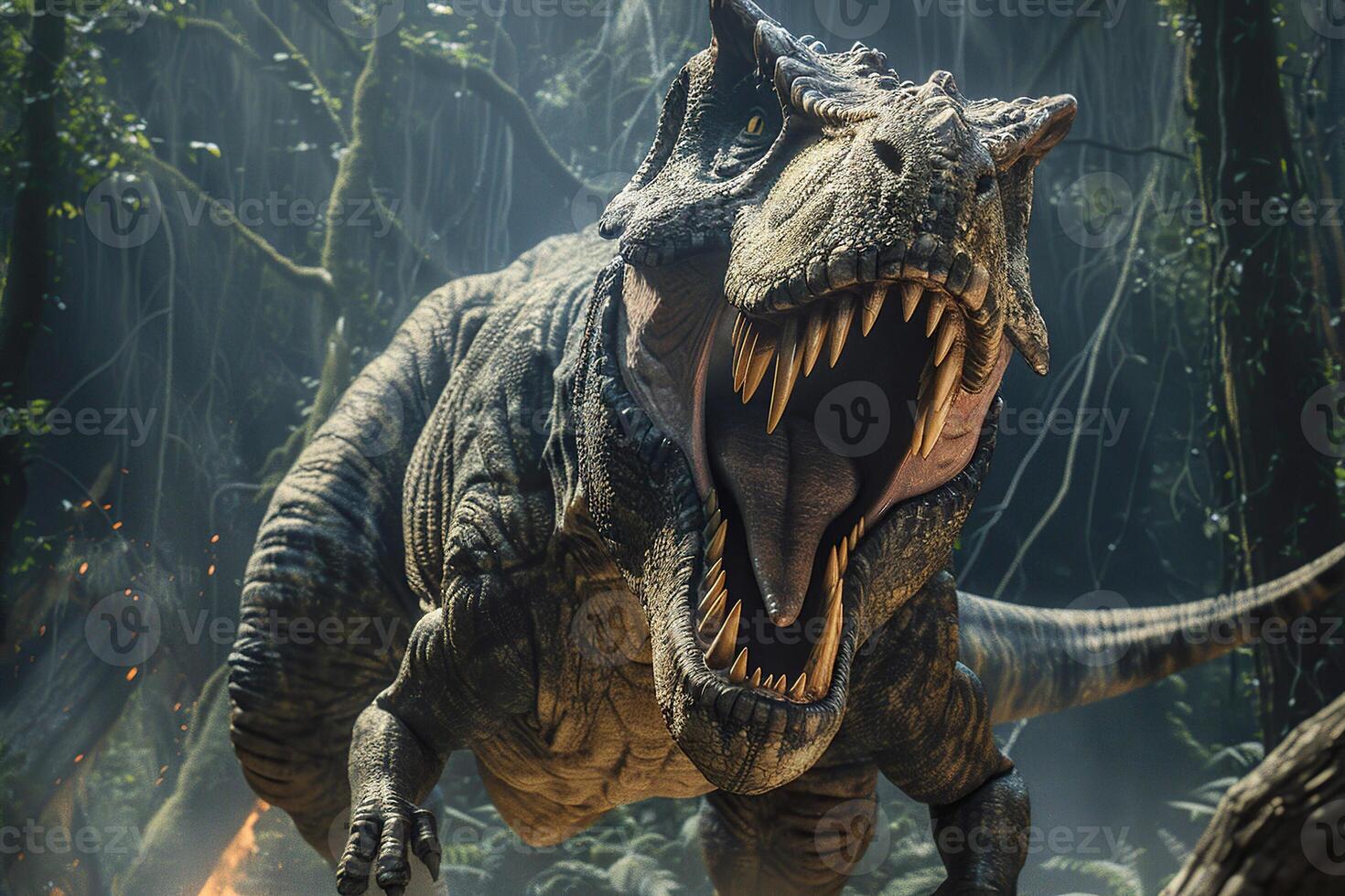 grande de miedo hambriento dinosaurio con tipo ojos y agudo dientes destruyendo parque foto
