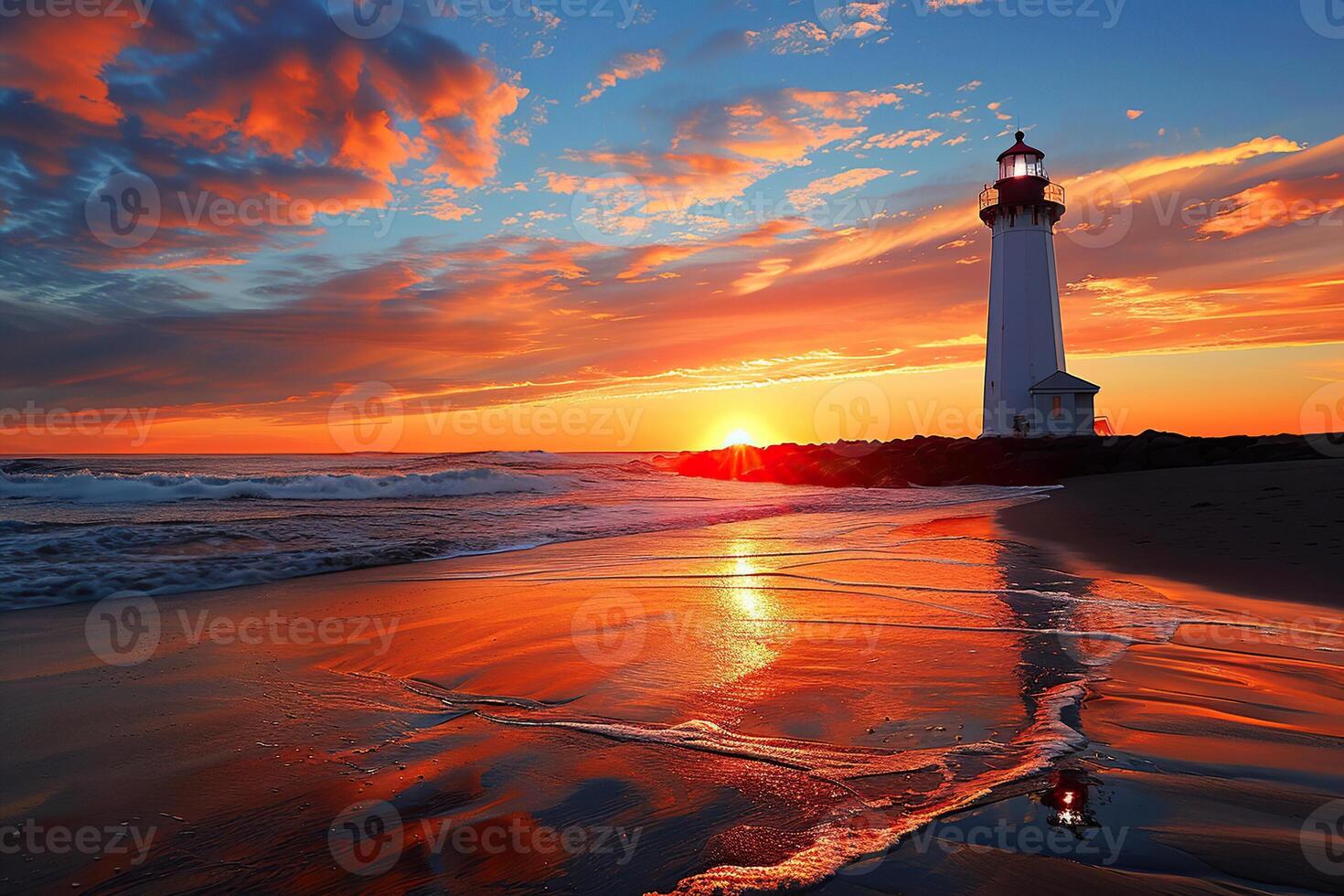 Large retro lighthouse with beam of bright light shining out to blue sea photo