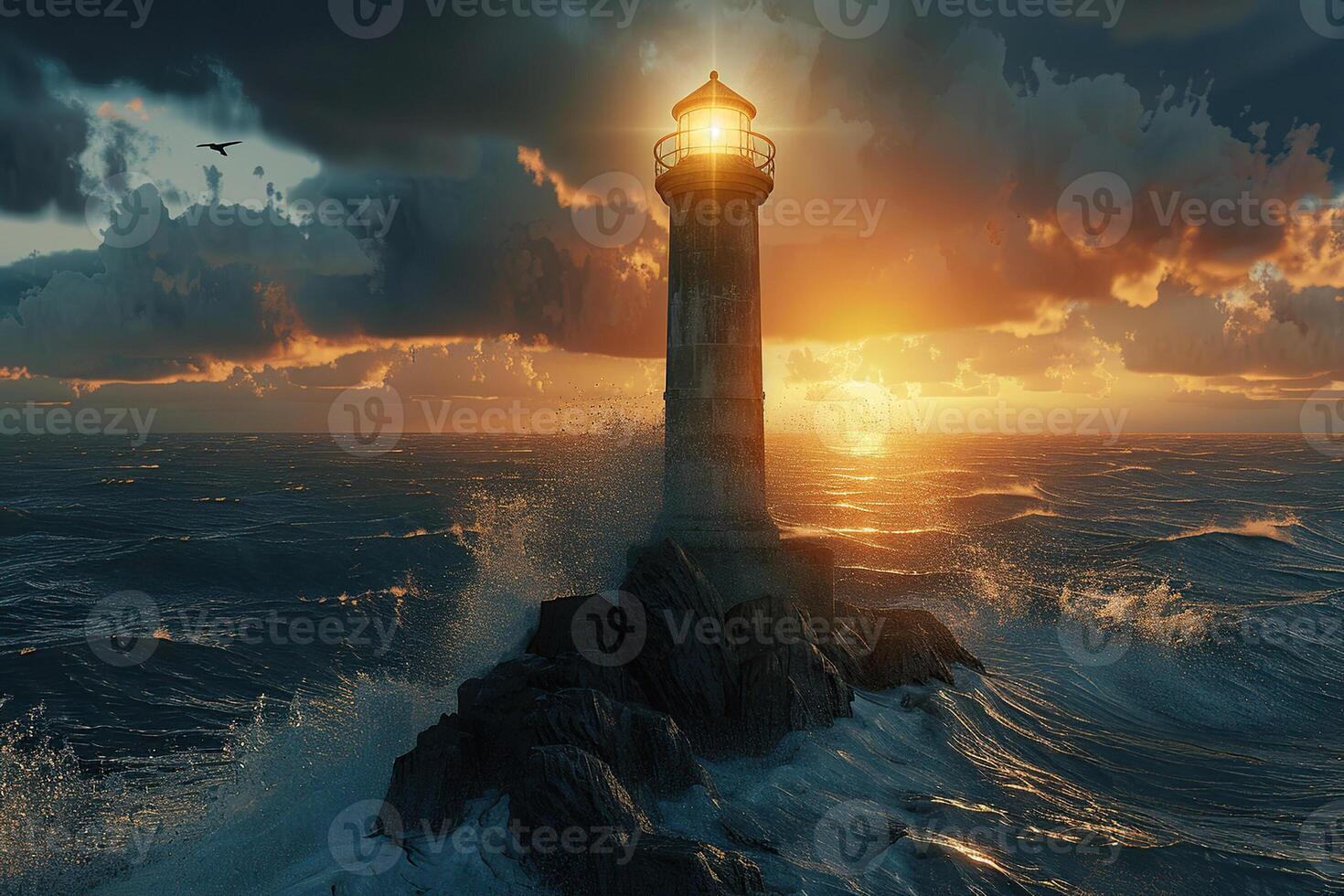 Large retro lighthouse with beam of bright light shining out to blue sea photo
