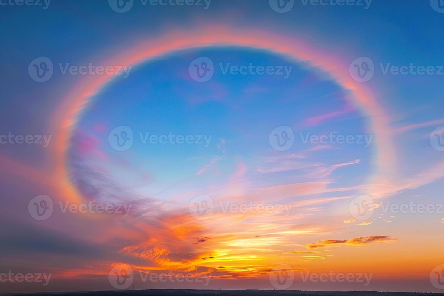 Beautiful tranquil landscape with magical bright rainbow at cloudy sky photo