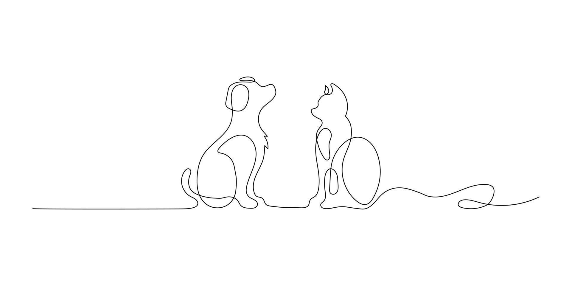 Cute dog and cat looking at each other, pet online continuous hand drawn objects. Cute pets one line art. illustration vector