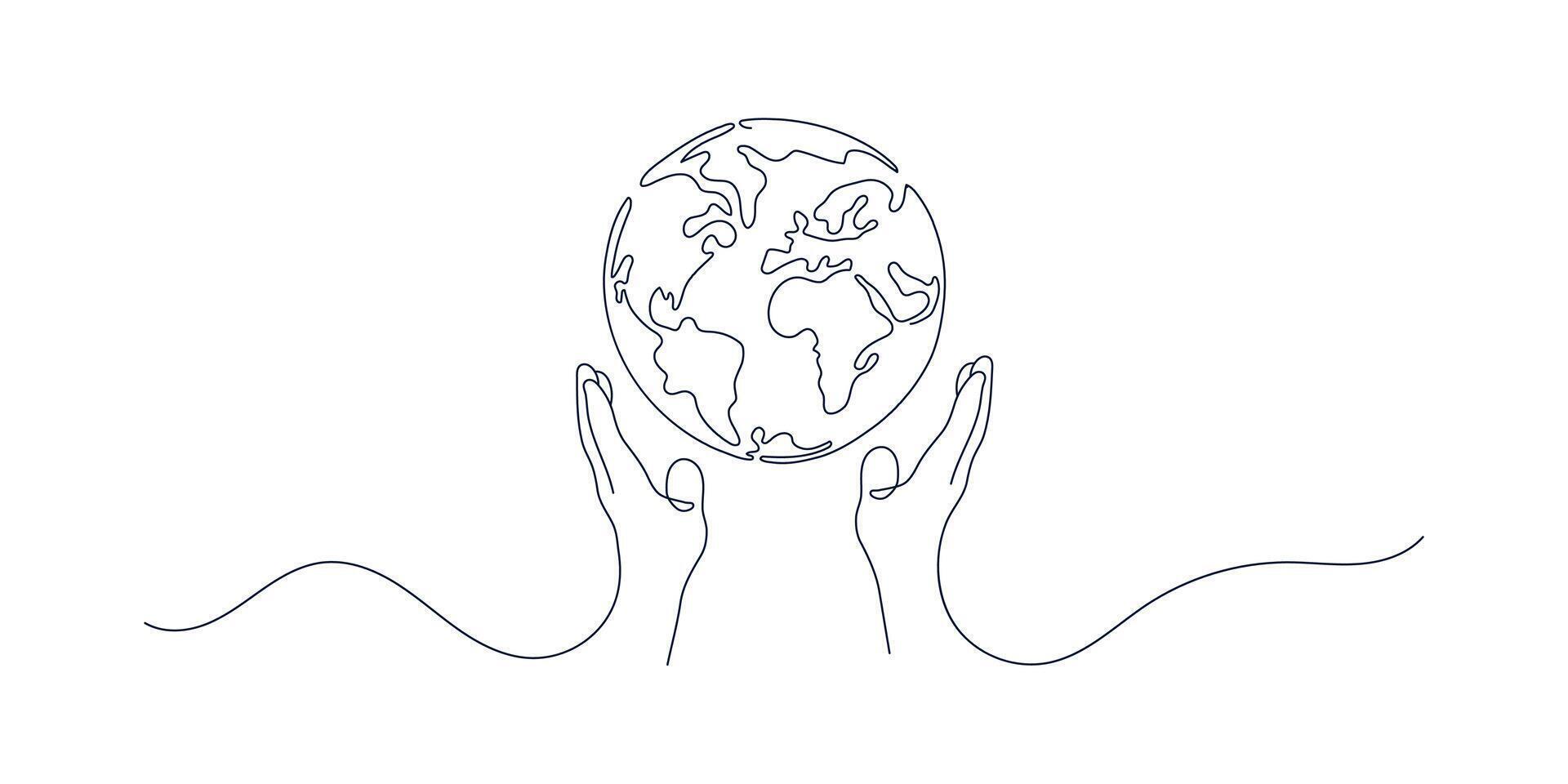 Minimalist line drawing of hands holding planet Earth. The concept of peace for people. illustration on a white background vector