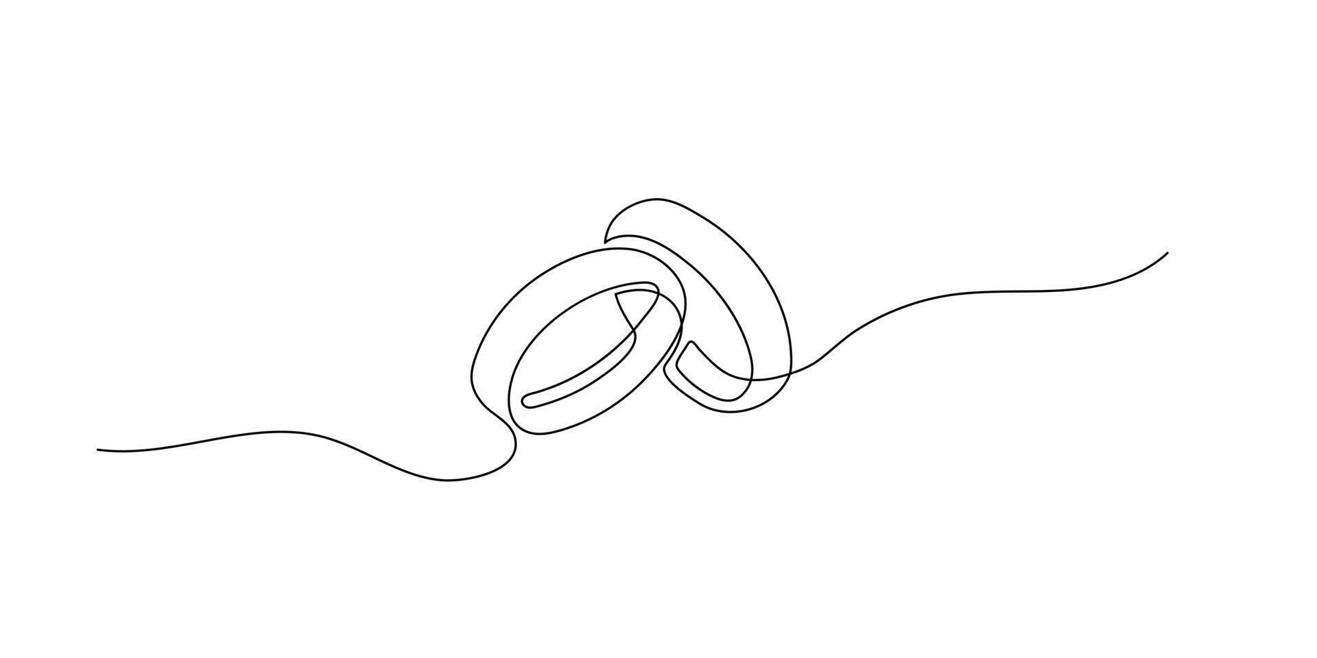 One line line drawing of wedding rings. Romantic elegance concept and symbol of engagement proposal and marriage invitation in simple linear style. Wedding. Doodle illustration vector