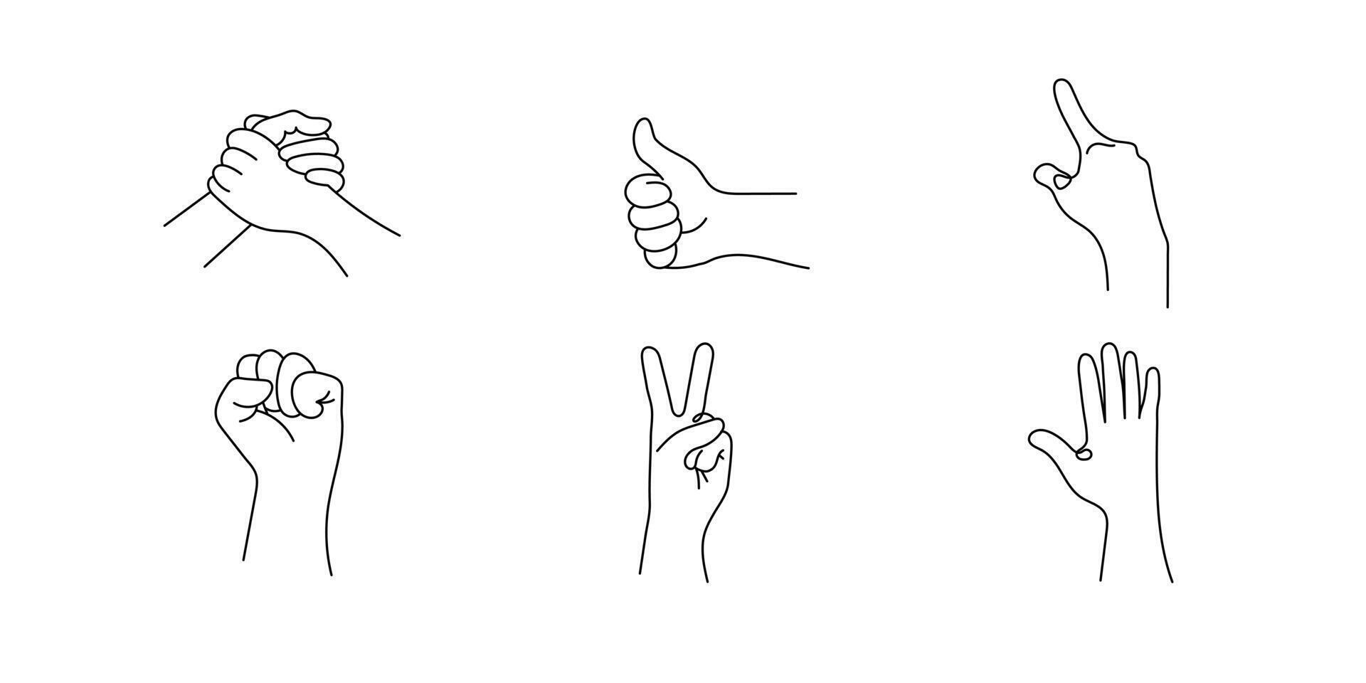 Set of realistic one line gestures. Graphic logo design with black line strokes on a white background. graphic. Hand gestures vector