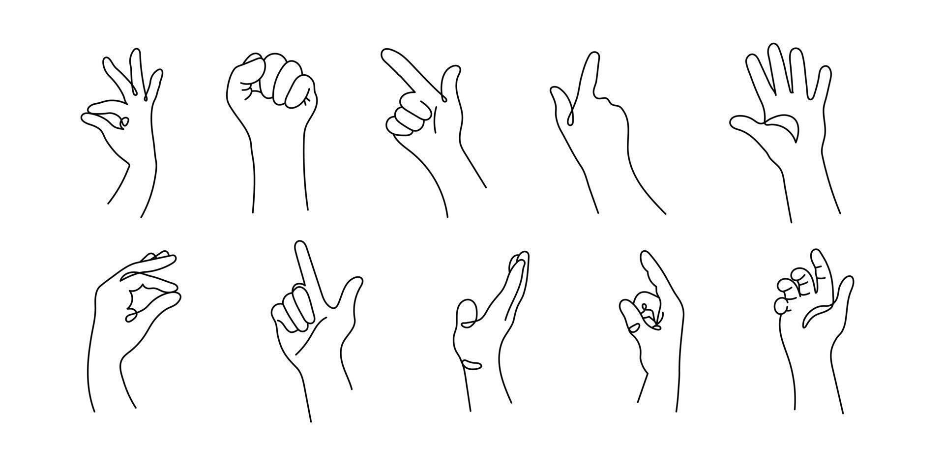 Set of realistic one line gestures. Graphic logo design with black line strokes on a white background. graphic. Hand gestures vector
