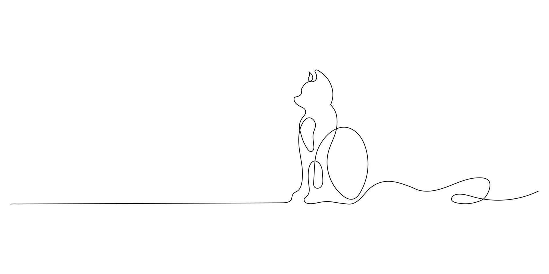 Cute cat line, pet online continuous hand drawn objects. The cat is sitting on the floor. Cute kitten one line art. illustration vector