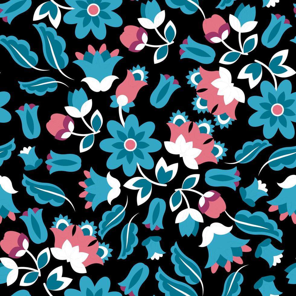 Bright ethnic pattern of Mexican ethnic flowers on a black background vector