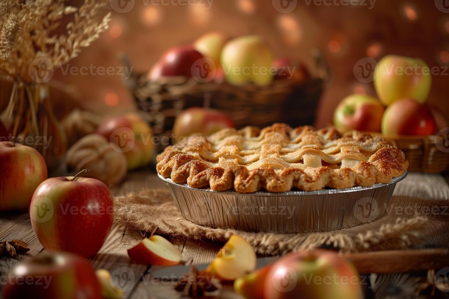 rustic apple pie and fresh apples isolated on a brown gradient background photo