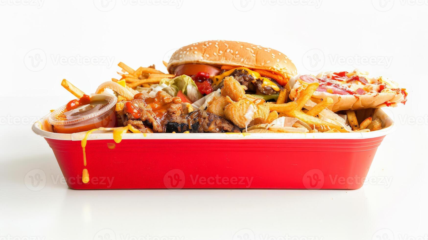 Obesity epidemic illustrated with an overflowing fast food container, isolated on white background photo