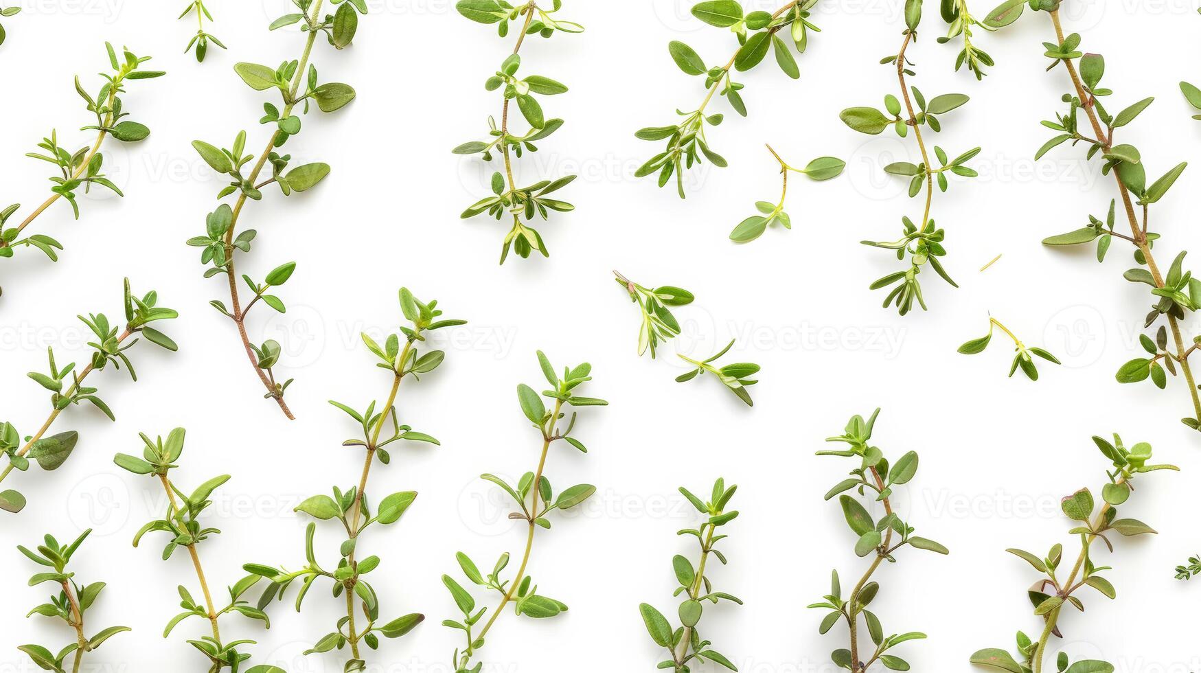 Freshly picked thyme sprigs spread out, isolated on a white background photo