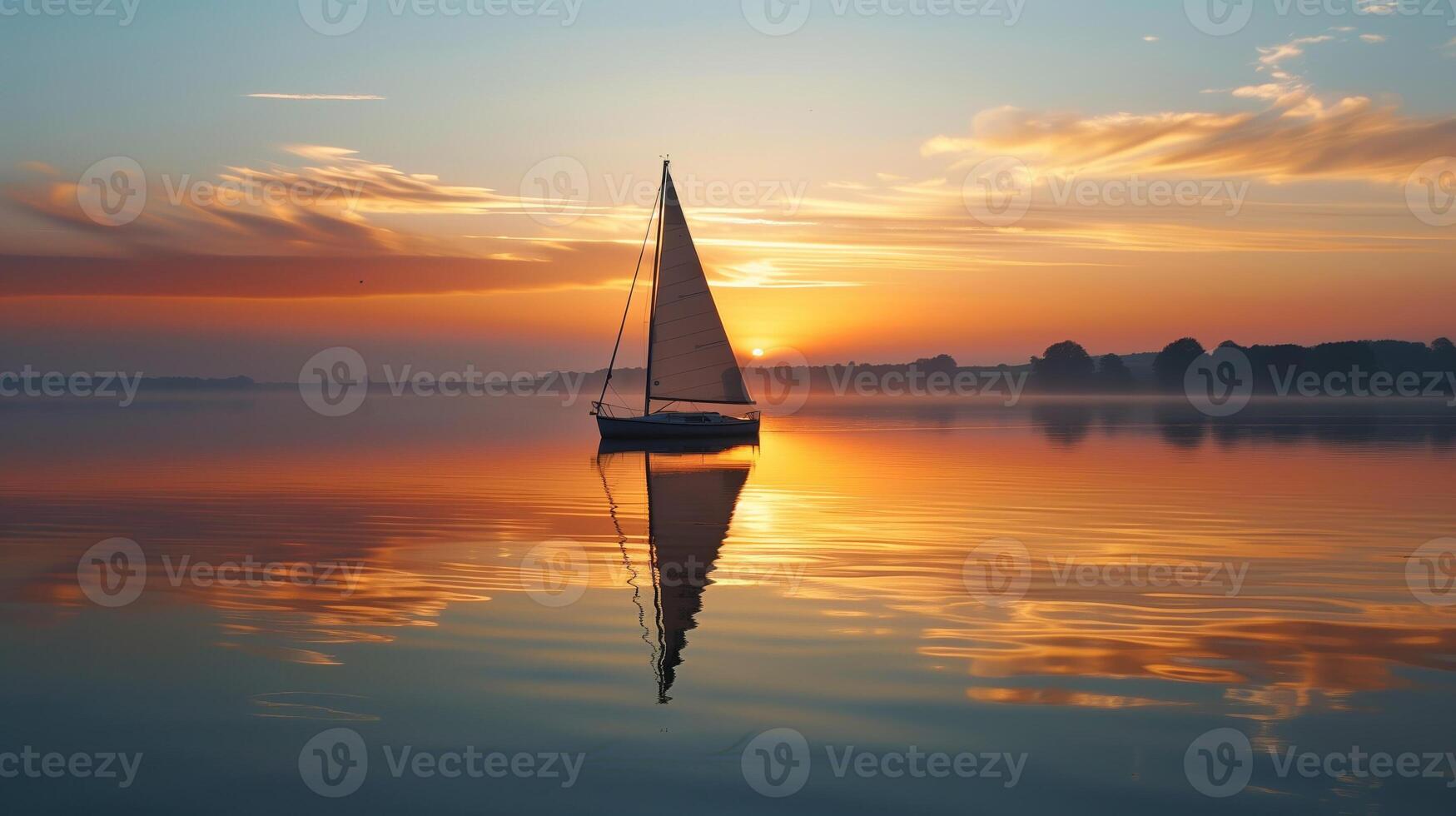 single sailboat on a serene lake at sunrise, reflections in the calm water photo