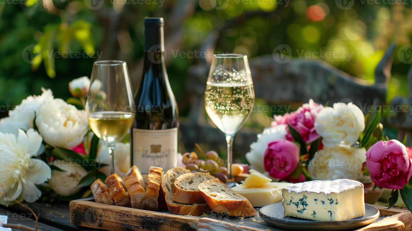 Perfect photo, stock style photo Peaceful outdoor meal in a fragrant peony garden, with wine, bread, and cheese on a rustic wooden tray