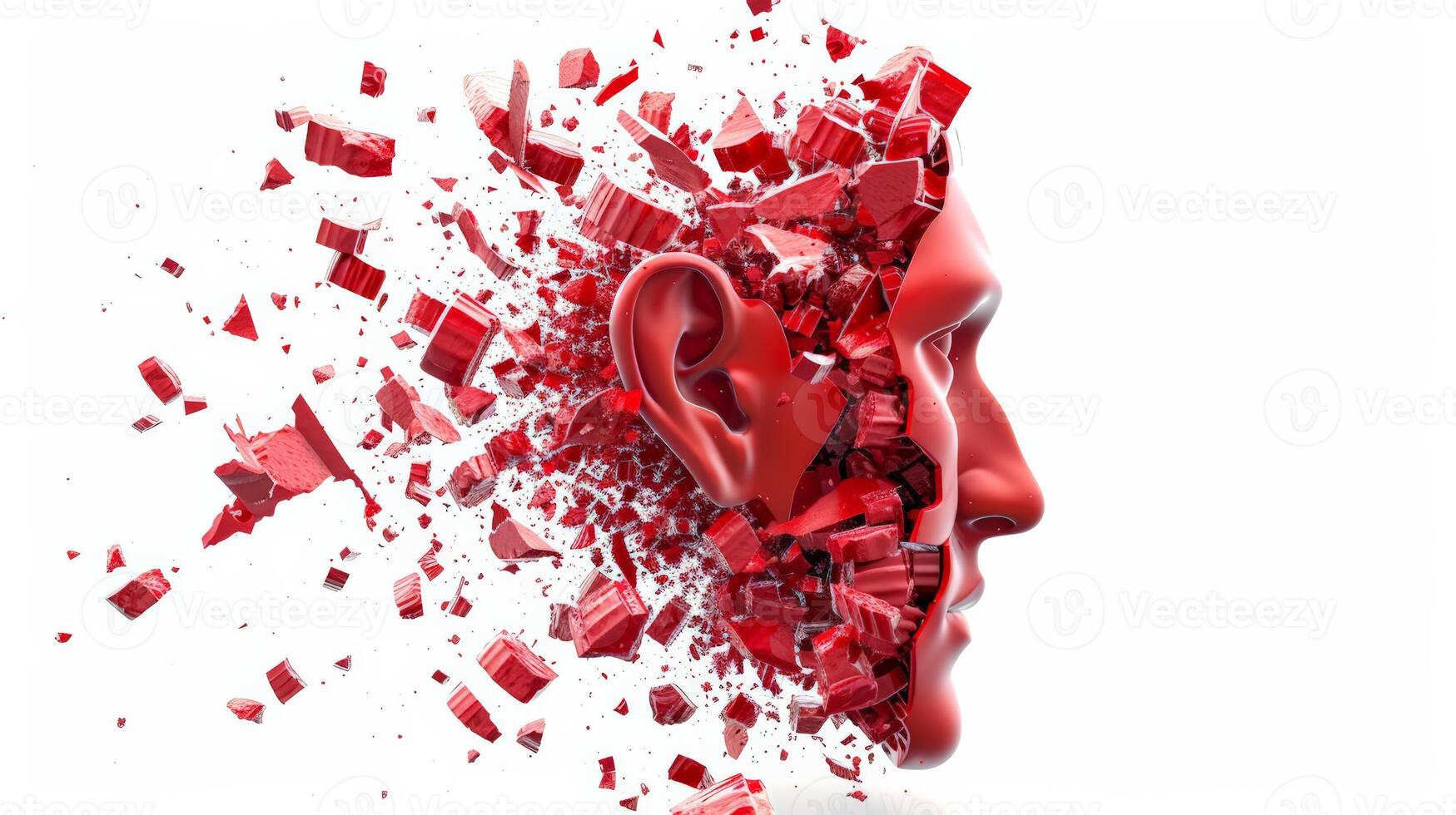 Noise pollution concept with a shattered eardrum illustration, vibrant red against white background photo