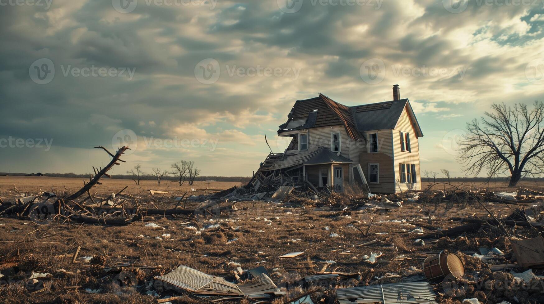 lone house standing after a devastating tornado, debris scattered around photo