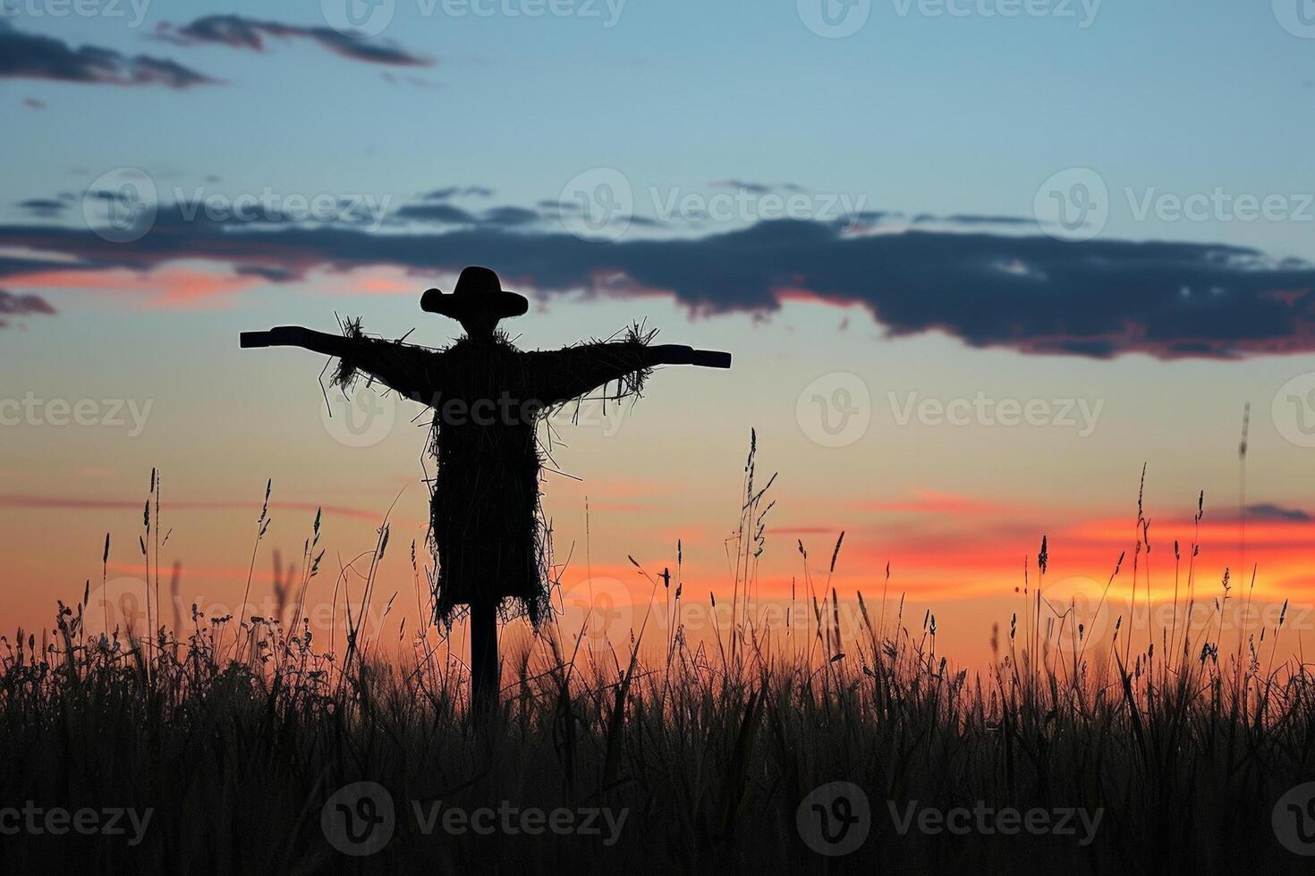 Silhouette of a scarecrow in a barren field at dusk, aftermath of a heatwave, eerie calm photo