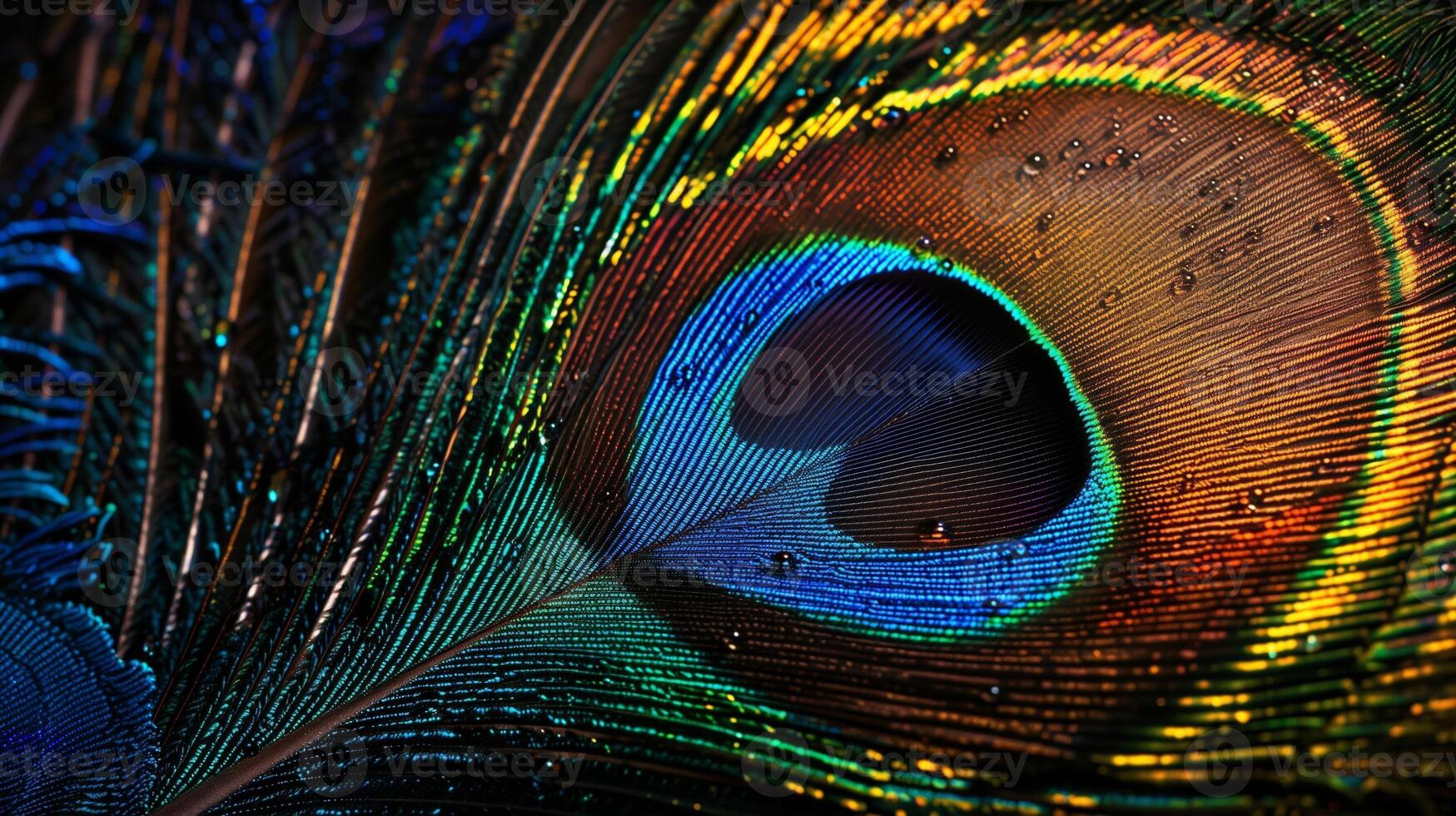 close up of a colorful peacock feather, detailed texture, isolated on black background photo