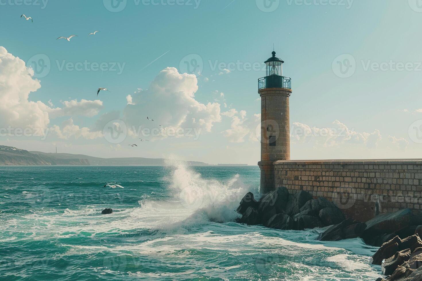 Large retro lighthouse with beam of bright light shining out to blue sea photo